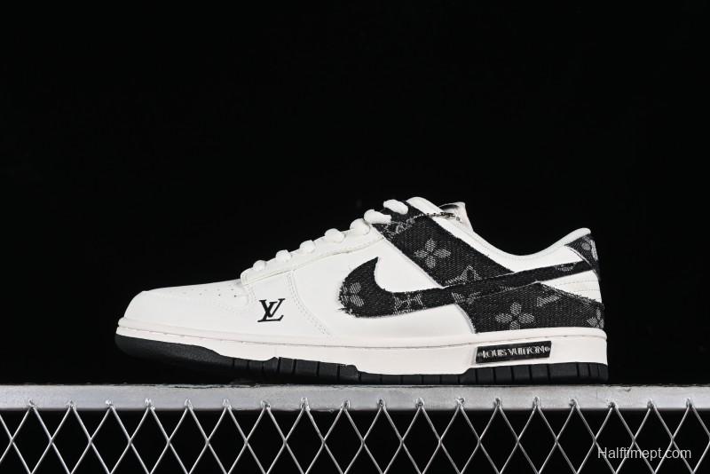 Nike SB Dunk Low LV Collaboration - Black Denim Off-White Black Swoosh Anniversary Custom Low-Top Casual Skate Shoes - DJ2024-009