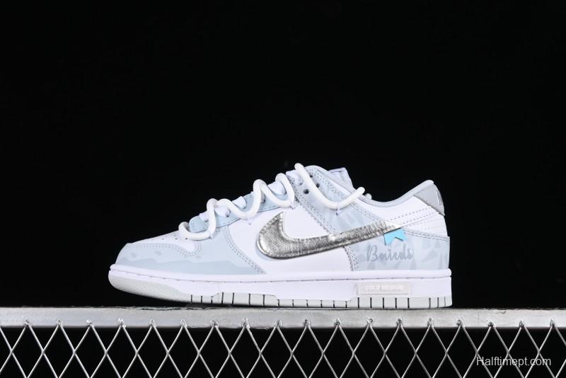 Nike Dunk Low Retro SB Casual Skate Shoes in Light Grey Blue with Silver Swoosh and Deconstructed Straps - HF0730-160