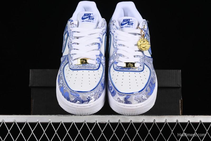Nike Air Force 1 '07 Low DIY Blue and White Porcelain Dragon Embroidery Casual Sneakers - CW2288-201