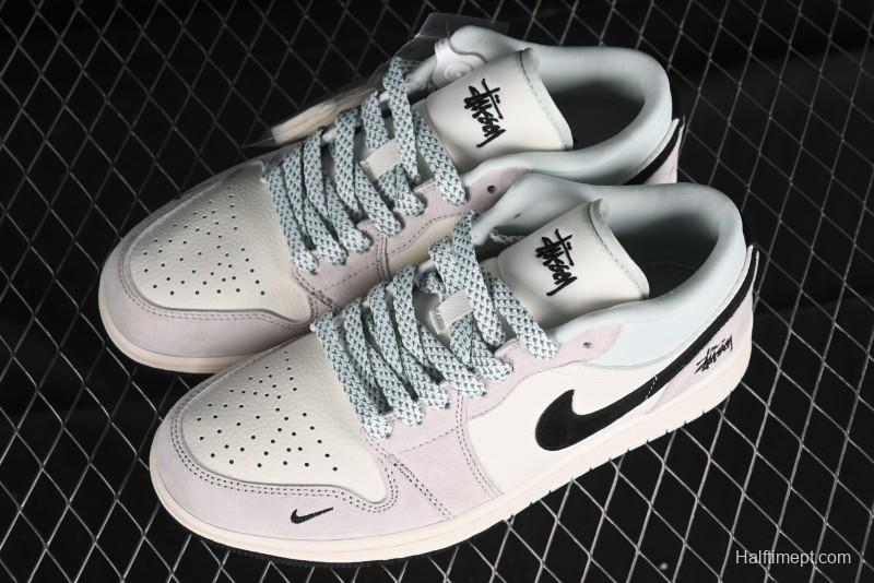 Nike Air Jordan 1 Low Stussy Collaboration - Black Blue Pigment Patchwork Retro Basketball Shoes - LJ6688-008