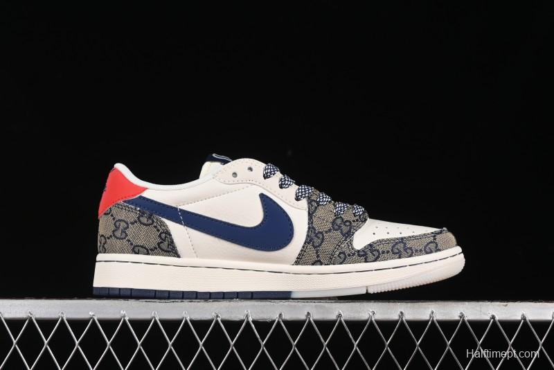 Nike Travis Scott x Fragment Design x Air Jordan 1 Low OG SP AJ1 Gucci Collaboration - Silver Logo Blue Swoosh Low Top Casual Sneakers - XY2688-118