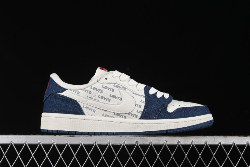 Nike Travis Scott x Fragment Design x Air Jordan 1 Low OG SP AJ1 Levi's Collaboration - White Blue Canvas Low Top Casual Sneakers - JH6088-605