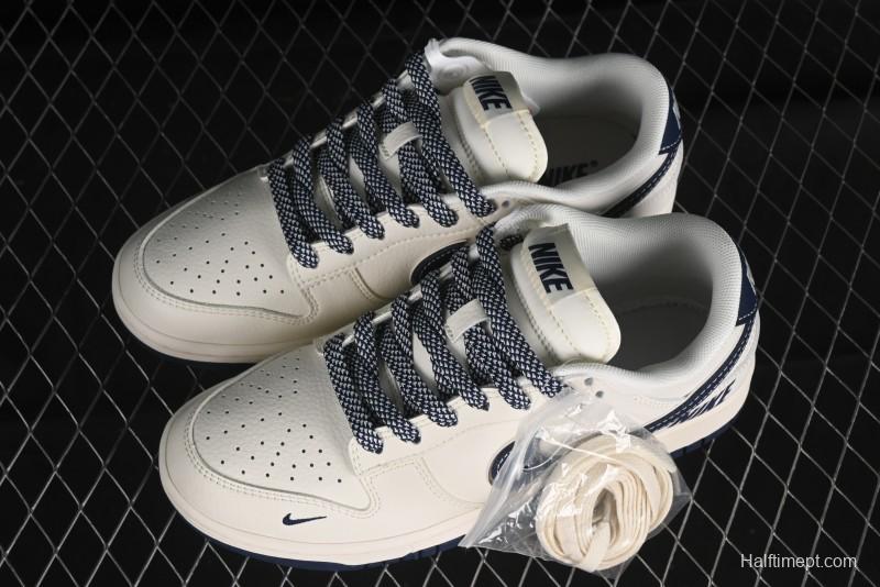 Nike SB Dunk Low Anniversary Premium Custom Low-Top Casual Skate Shoes in Off-White with Navy Blue Swoosh - SJ1089-004