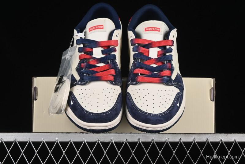 Nike Travis Scott x Fragment Design x Air Jordan 1 Low OG SP AJ1 Supreme Collaboration - Deep Blue Red Culture Casual Sneakers - XY2688-122