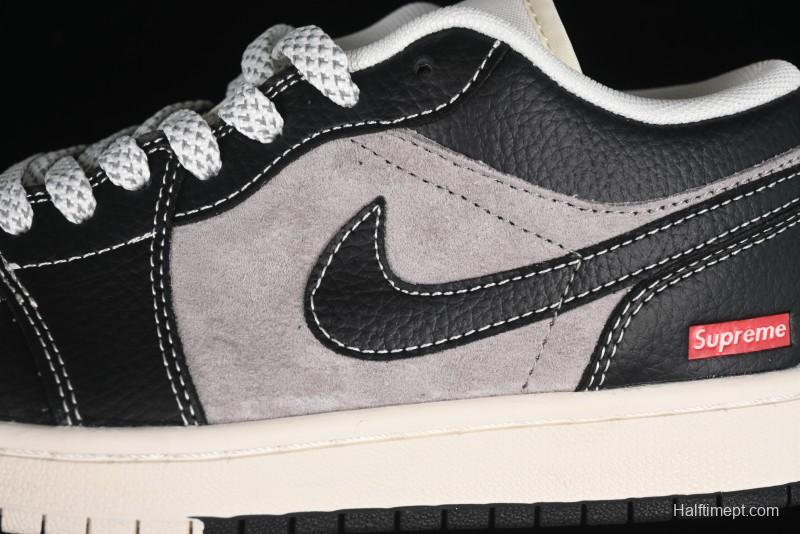 Nike Air Jordan 1 Low Supreme Collaboration - Black Grey Pigskin Two-Tone High-End Custom Retro Basketball Shoes - SJ9950-032