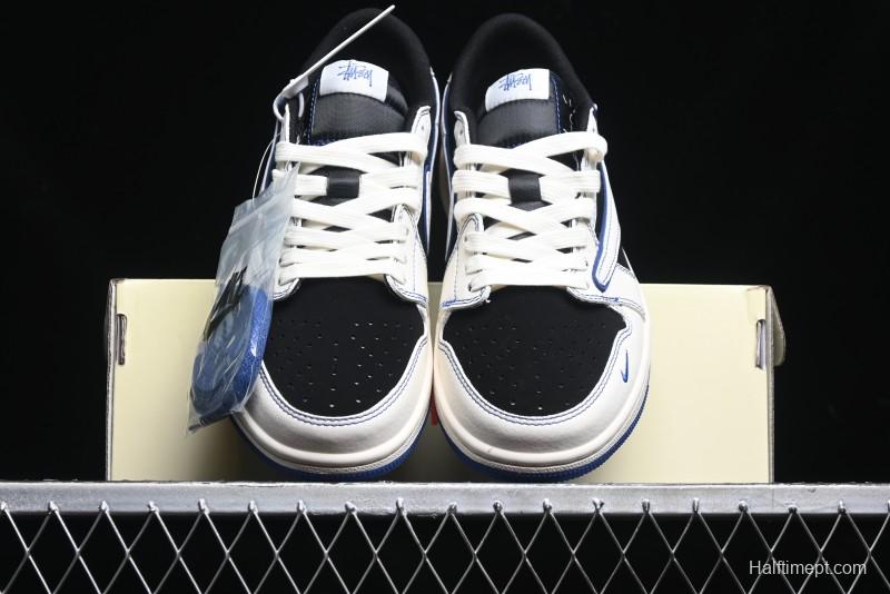 Nike Travis Scott x Fragment Design x Air Jordan 1 Low OG SP AJ1 Stussy Collaboration - Black Blue Line Low Top Casual Sneakers - SJ2068-113