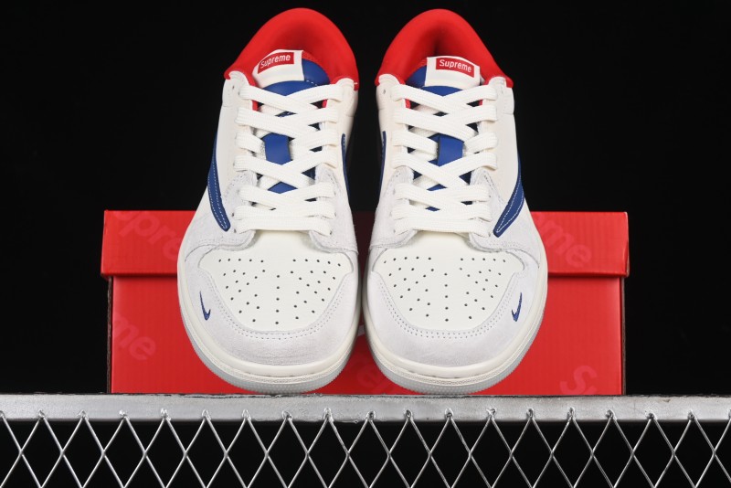 Nike Travis Scott x Fragment Design x Air Jordan 1 Low OG SP AJ1 Supreme Collaboration - Blue White Colorway Low Top Casual Sneakers CH6336-016
