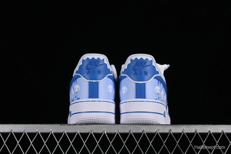 Nike Air Force 1 '07 Low Witch Collaboration Custom Leather Sneakers with Skull Design and Gradient White-Blue - CW2288-111