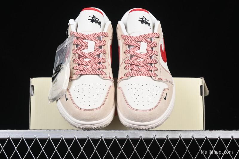 Nike Air Jordan 1 Low Stussy Collaboration Khaki Red Hook Retro Basketball Shoes - SJ9950-040
