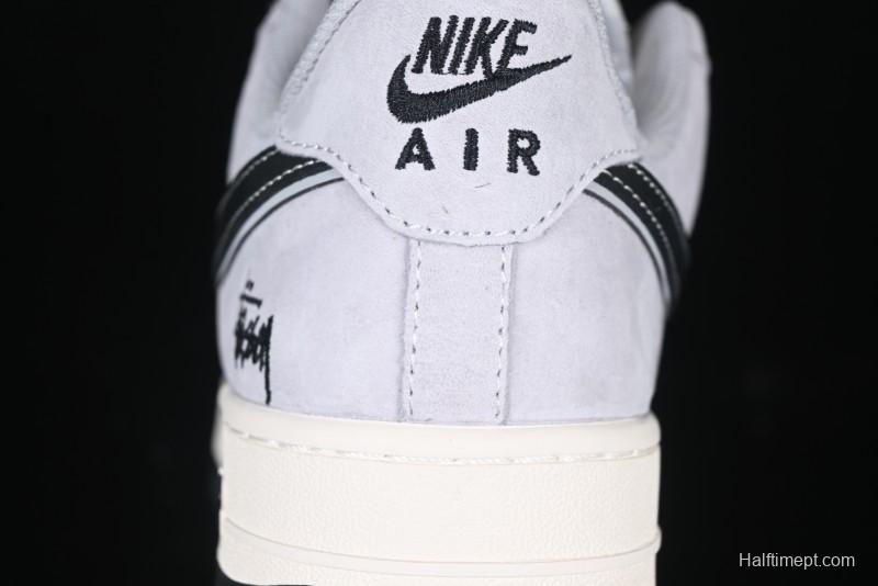 Nike Air Force 1 '07 Low Stussy Collaboration Grey Pigskin Black Swoosh Low-Top Casual Sneakers - XZ3318-099
