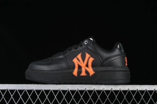 NY Yankees Black Leather Sneakers with Bold Orange Logo