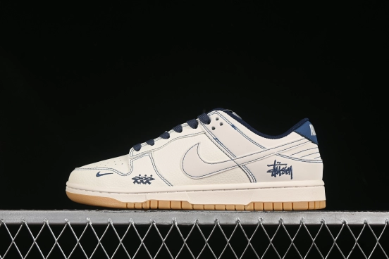 Nike SB Dunk Low Stussy Collaboration Blue Line Gum Sole Anniversary Custom Low-Top Casual Skate Shoes - JJ2508-559
