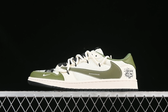 Nike Travis Scott x Fragment Design x Air Jordan 1 Low OG SP AJ1 Stussy Collaboration Green Hemp Lace-Up Low-Top Casual Sneakers - DM6868-104