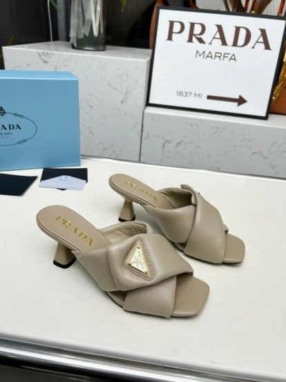 2025 Women Prada Beige Leather High Heel Sandals