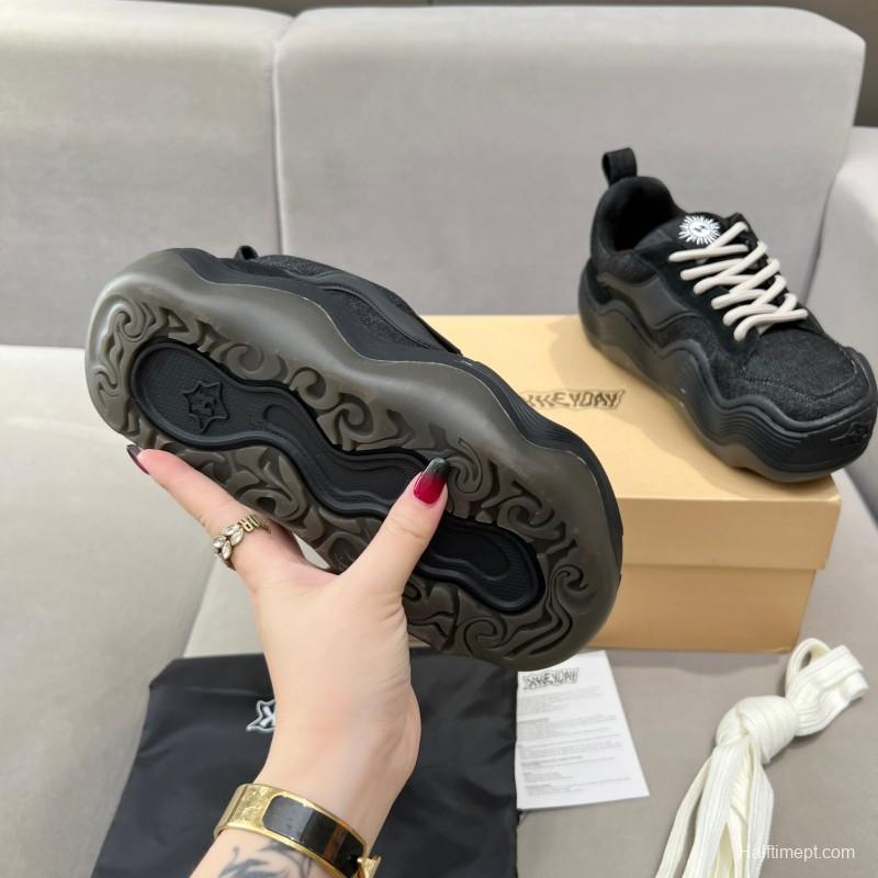 2025 Unisex HEYDAY Black Canvas Leather Wave Sneakers KFY00260