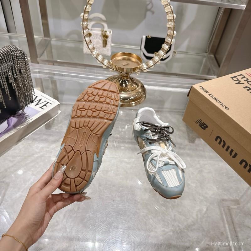 2025 Women Miumiu Light Blue White Leather Mesh Sneakers