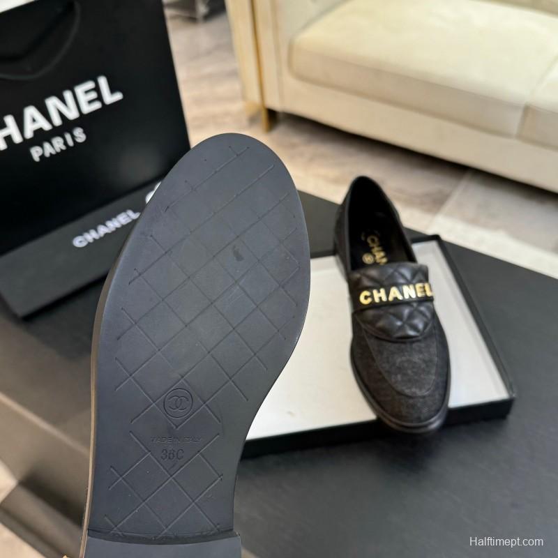 2025 Women Chanel Black Leather Canvas Loafers KFY00310