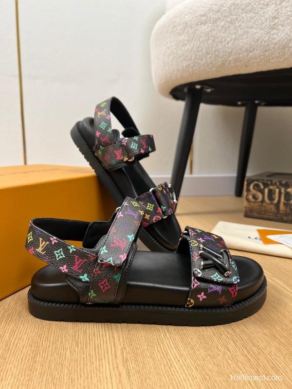 2025 Women Louis Vuitton Black Multicolor Canvas Sandals