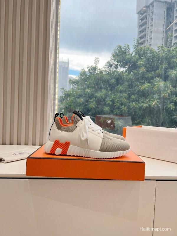 2024 Unisex Hermès Beige Orange Calfskin Suede Sneakers MJ00290(F/W)