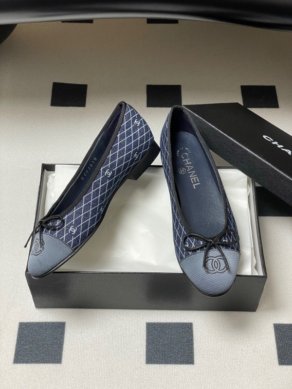 2025 Women Chanel Blue Denim Leather Ballet Flat