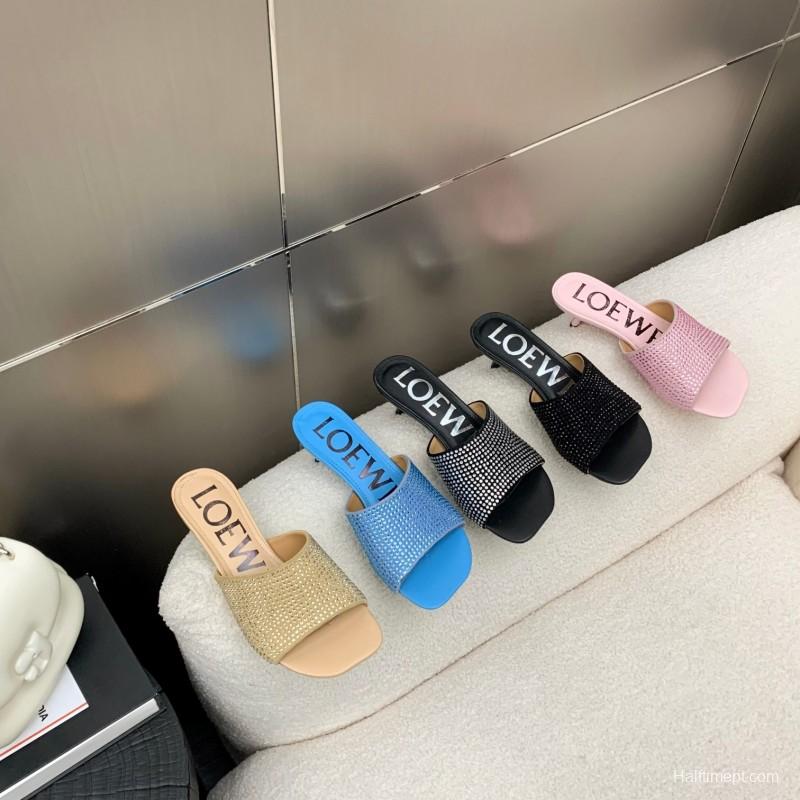 2025 Women Loewe Blue Leather Slide Sandals LY