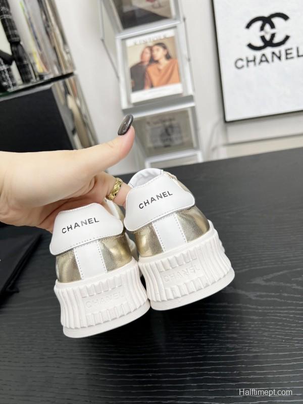 2025 Women Chanel White Gold Leather Suede Sneakers LY00270