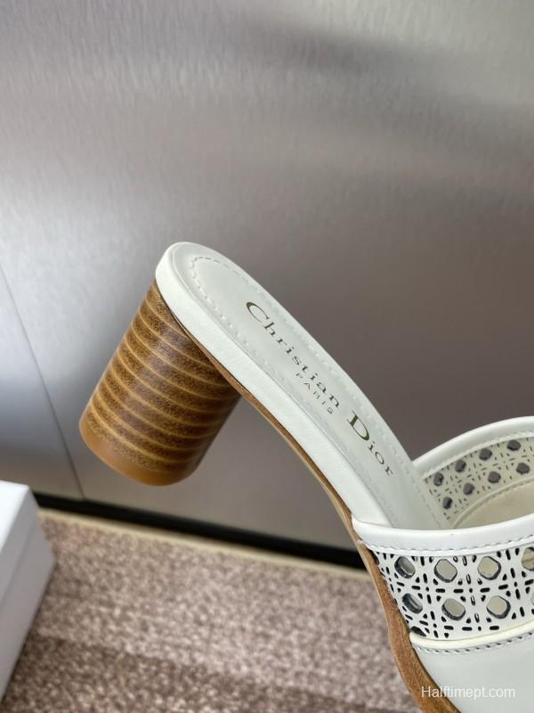2025 Women Dior White Leather Sandals CD Pattern Low Heel KFY00310