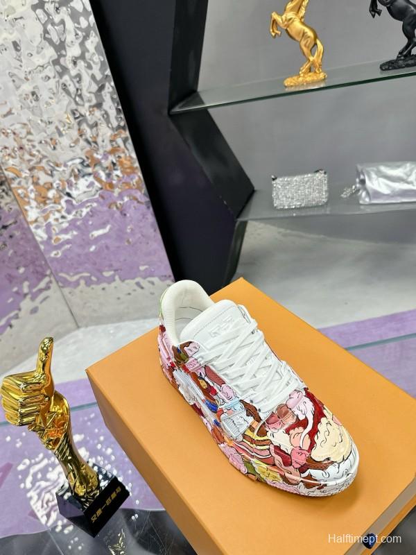 2024 Unisex Louis Vuitton White Pink Red Leather Canvas Sneakers Collaboration MJ00780