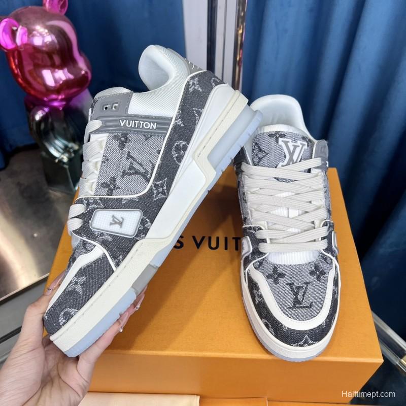 2025 Unisex Louis Vuitton Grey White Fabric Leather Sneakers
