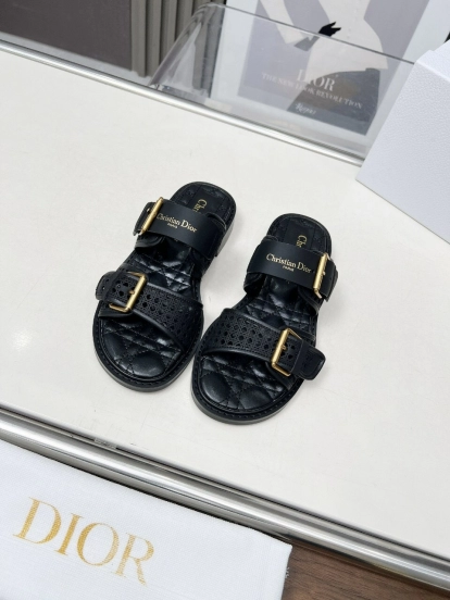 2025 Women Dior Black Leather Slippers
