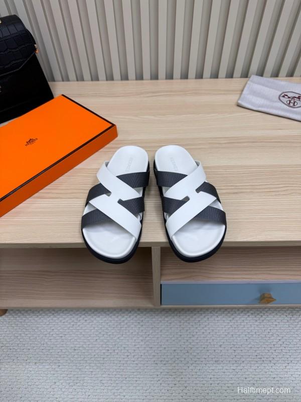 2025 Men Hermès White Black Leather Slippers