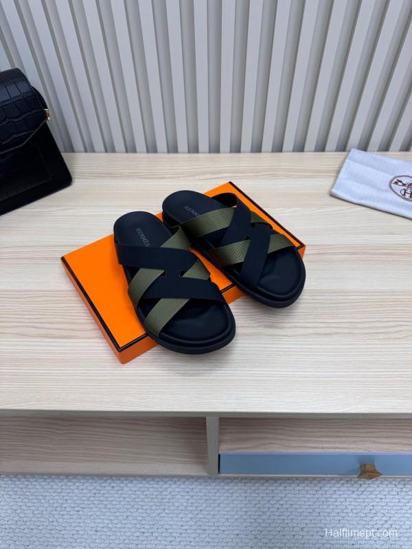 2025 Men Hermès Black Green Fabric Leather Slippers