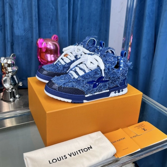 2025 Unisex Louis Vuitton Blue Denim Leather LV Trainer