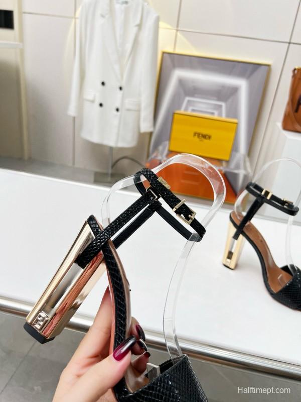 2025 Women Fendi Black Leather High Heel Sandals MJ00251