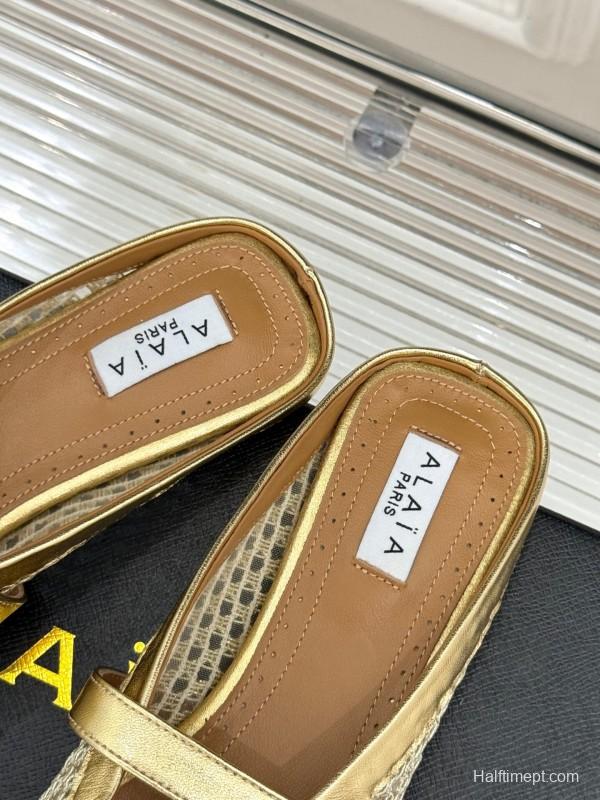 2025 Slippers AlAIA Gold Mesh Leather Slippers