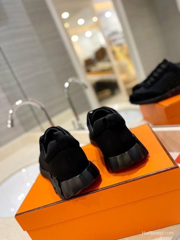 2024 Unisex Hermès Black Imported Glossy Goat Suede Rainproof Fabric Casual Sneakers MJ00320