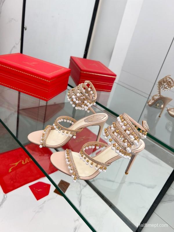 2025 Women RC Champagne Leather Crystal Pearl High Heel Sandal LY00360