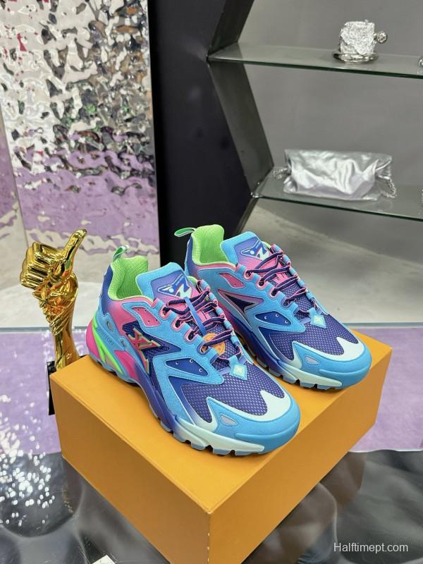 2025 Men Louis Vuitton Blue Pink Green Mesh Leather Sneakers MJ00420