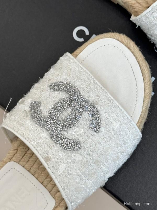 2025/Women Chanel White Lace Espadrille Slide Sandals Handwoven Jute Sole KFY00240(F)