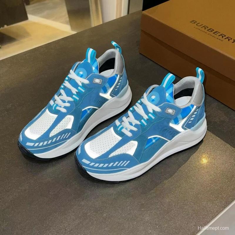 2025 Unisex Burberry Blue White Suede Leather Cotton Sneakers Retro Check MJ00380