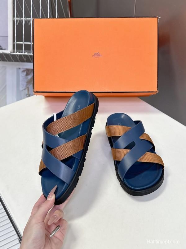 2025 Slippers Hermès Blue Brown Leather Slippers