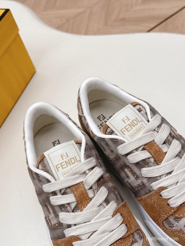 2025 Women Fendi Brown Beige Leather Mesh Sneakers LY00340