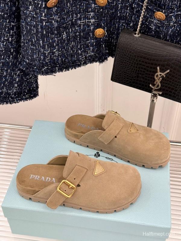 2025 Women Prada Beige Suede Clogs Buckle KFY00280