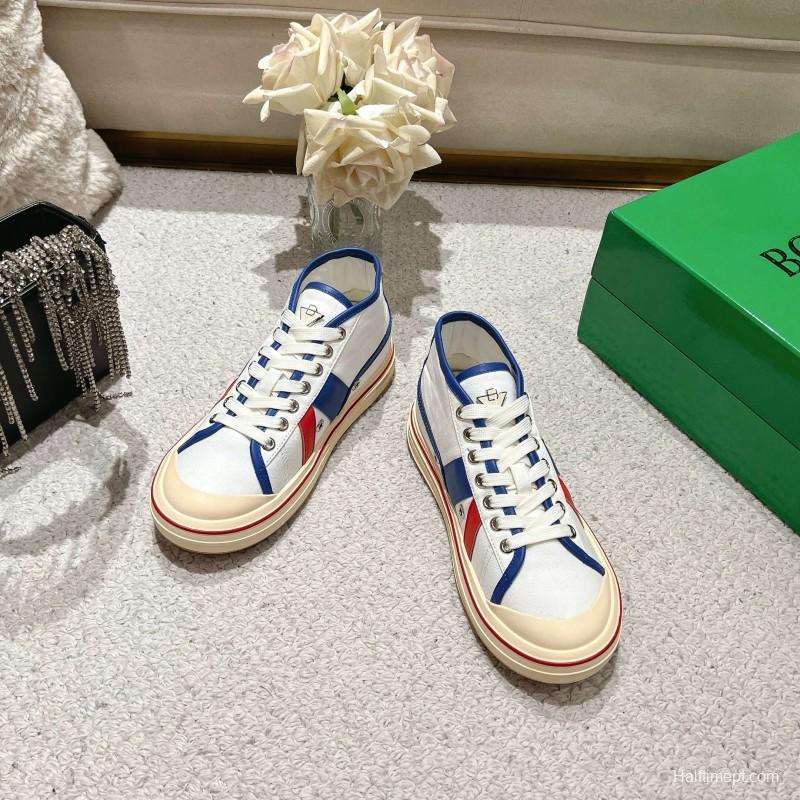 2025 Unisex Bottega Veneta White Blue Red Canvas Lambskin Sneakers Hand Painted LY00