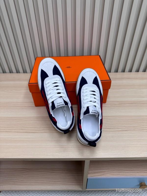 2025 Unisex Hermès White Navy Red Suede Down Fabric Sneakers Top Version LY00310