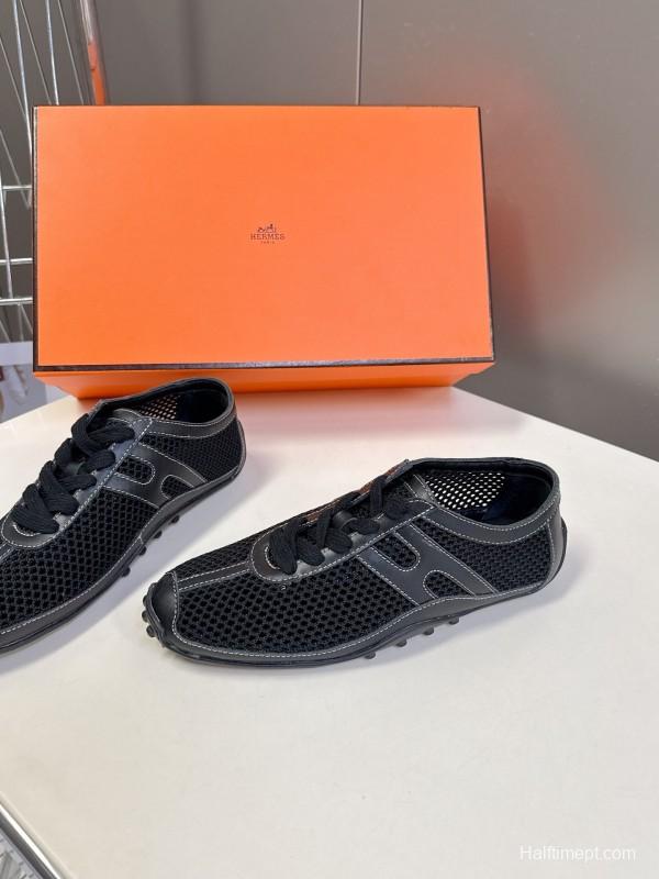 2025 Women Hermès Black Mesh Leather Trainers KFY00250