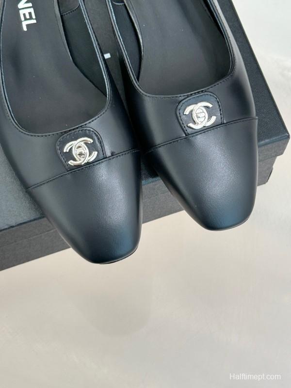 2025 Women Chanel Black Leather Slingback Flats
