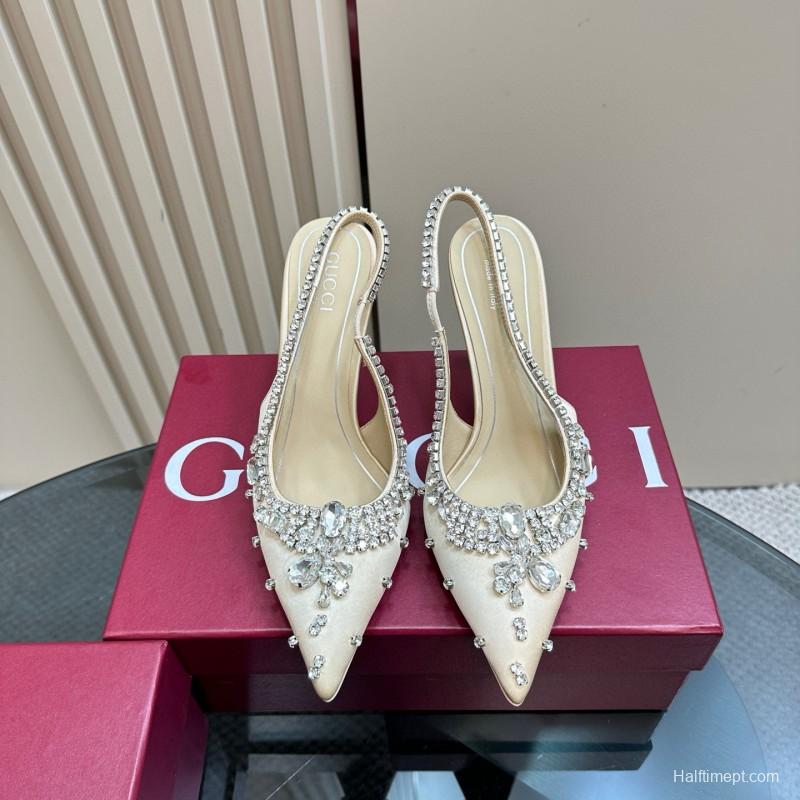 2025 Women Gucci Beige Silk Crystal Embellished Slingback Heels MJ00340