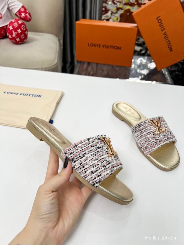 2025 Women Louis Vuitton Pink White Gold Fabric Leather Slippers