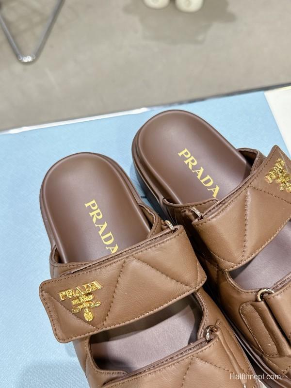 2025 Women Prada Brown Leather Sandals